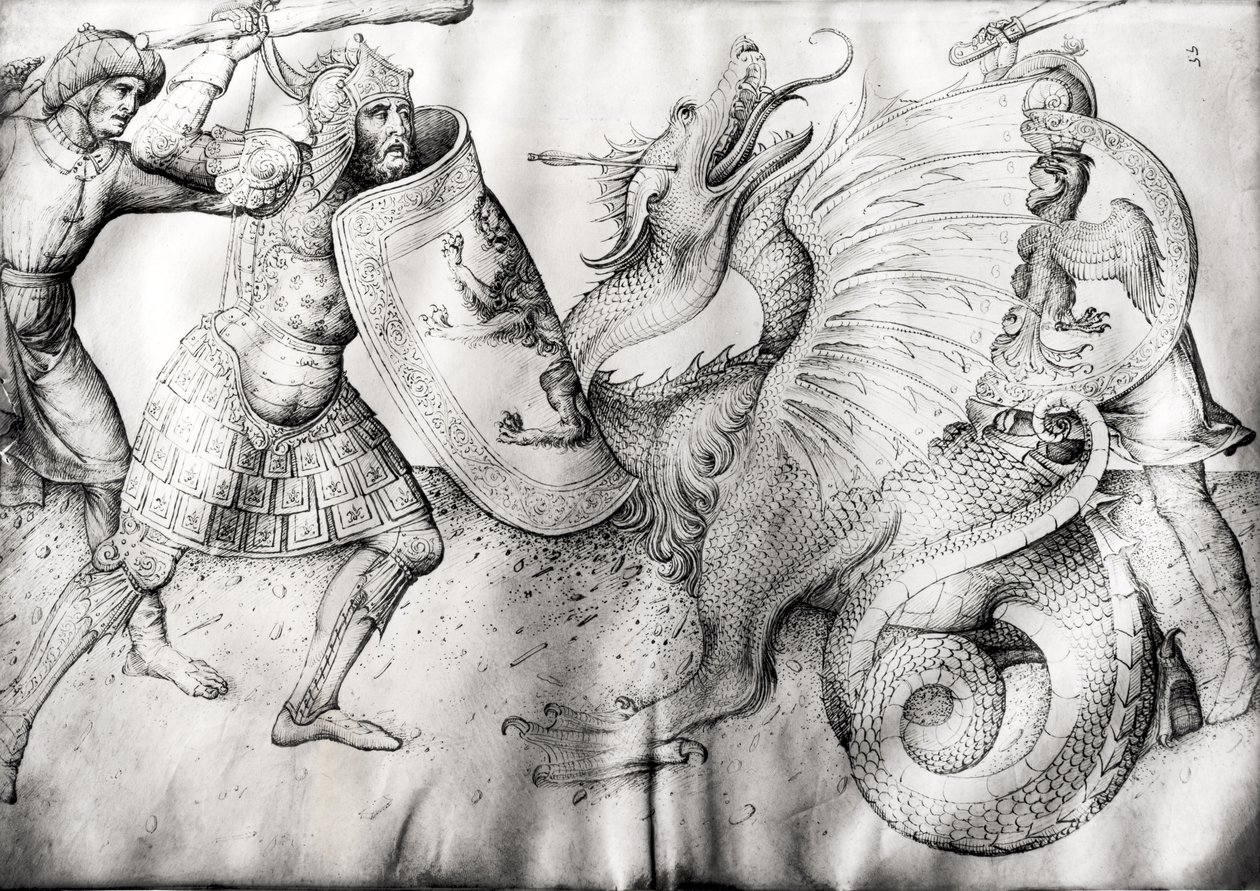 Savaşçılar ve bir ejderha arasındaki savaş, c.1450 (parşömen üzerine mürekkep) by Jacopo Bellini