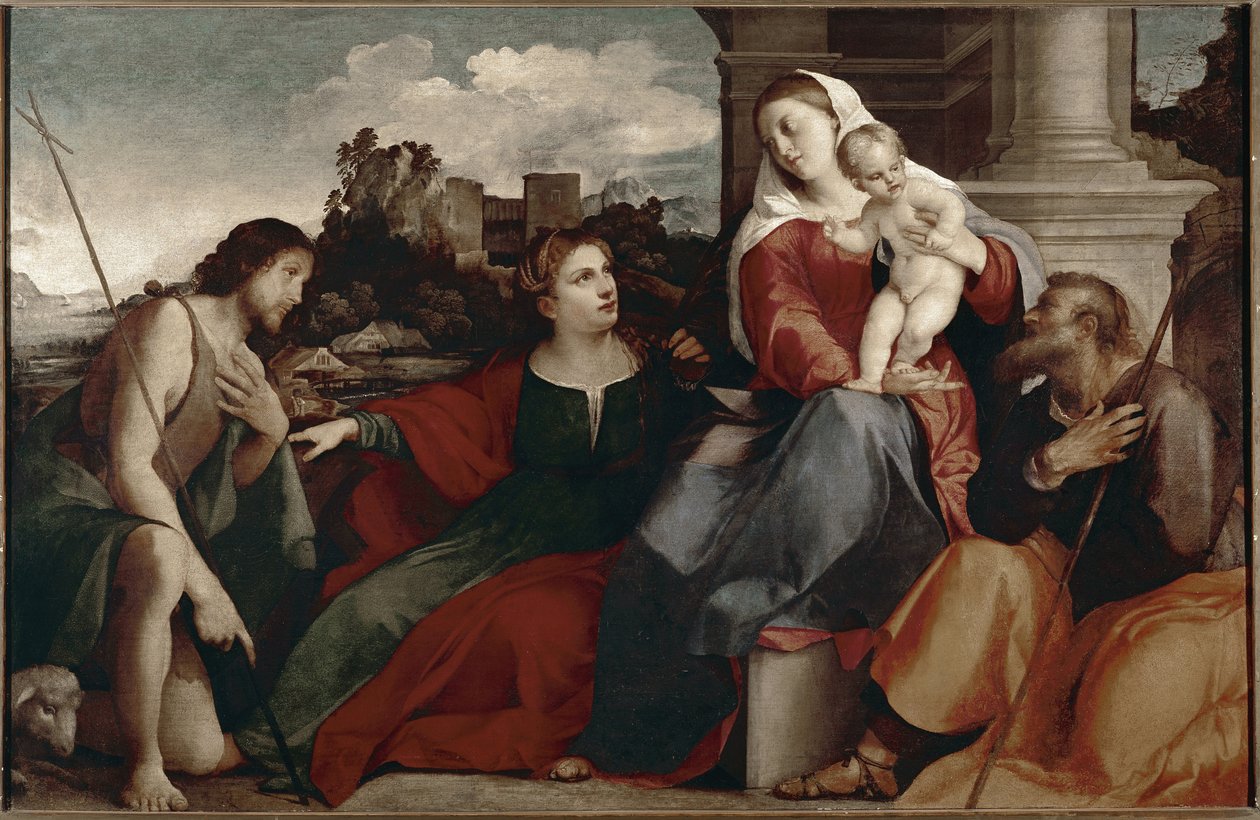 Kutsal konuşma. Kutsal Ailenin Sienalı Aziz Catherine ve Vaftizci Yahya ile temsili. Jacopo Negretti dit Palma il vecchio tarafından boyama by Jacopo Palma