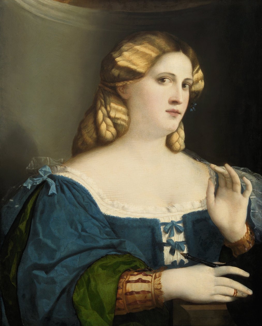 Mavi Elbiseli Genç Kadın, Yelpazeli, 1512-1514 by Jacopo Palma il Vecchio the Elder