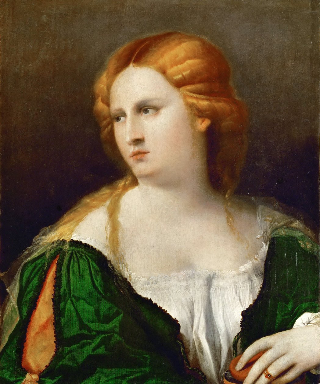 Yeşil elbiseli genç bir kadın, elinde bir kutu, yaklaşık 1514 by Jacopo Palma il Vecchio the Elder