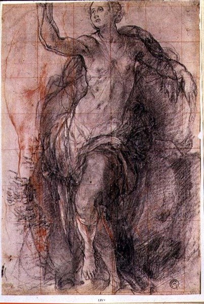 Gevşek perdeli bir kadın figürünün incelenmesi (tebeşir) by Jacopo Pontormo