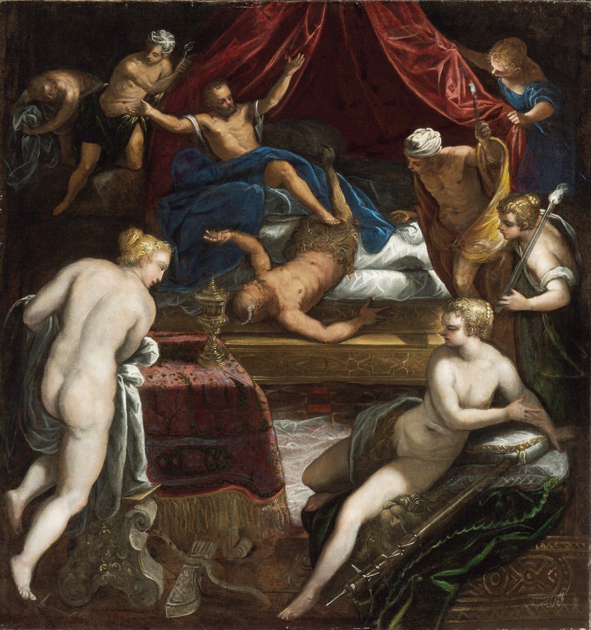 Faun'u Omphale'nin Yatağından Koyan Herkül - Tintoretto, Jacopo (1518-1594) - 1585 - Tuval üzerine yağlı boya - 112x106 - Szepmuveszeti Muzeum, Budapeşte by Jacopo Robusti Tintoretto