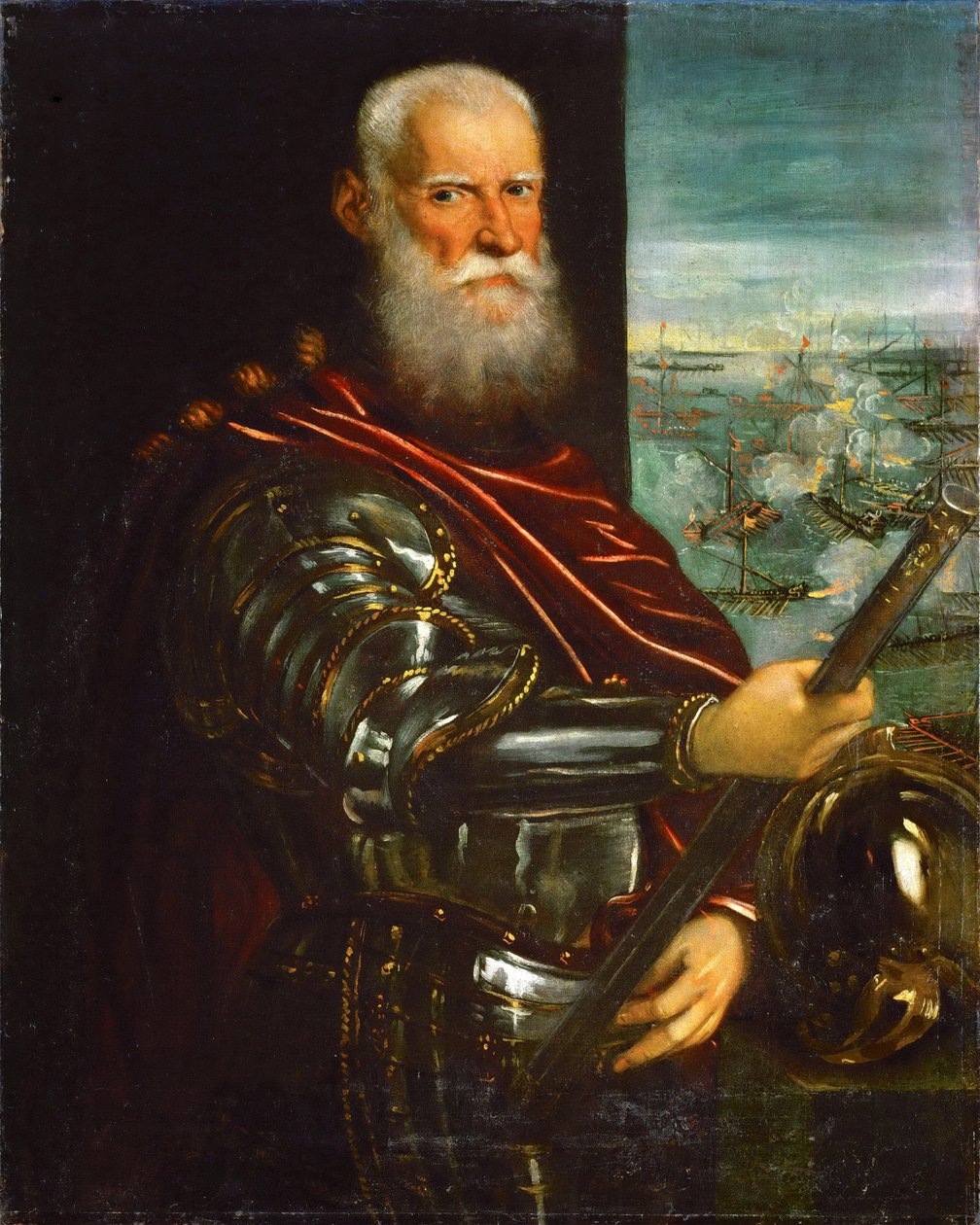 Sebastiano Venier (1496-1578), arka planda İnebahtı Savaşı - Jacopo Tintoretto (1518-1594). 1571 sonrası tuval üzerine yağlıboya. Ebat : 104,5x83,5 cm. Sanat Tarihi Müzesi, Viyana by Jacopo Robusti Tintoretto