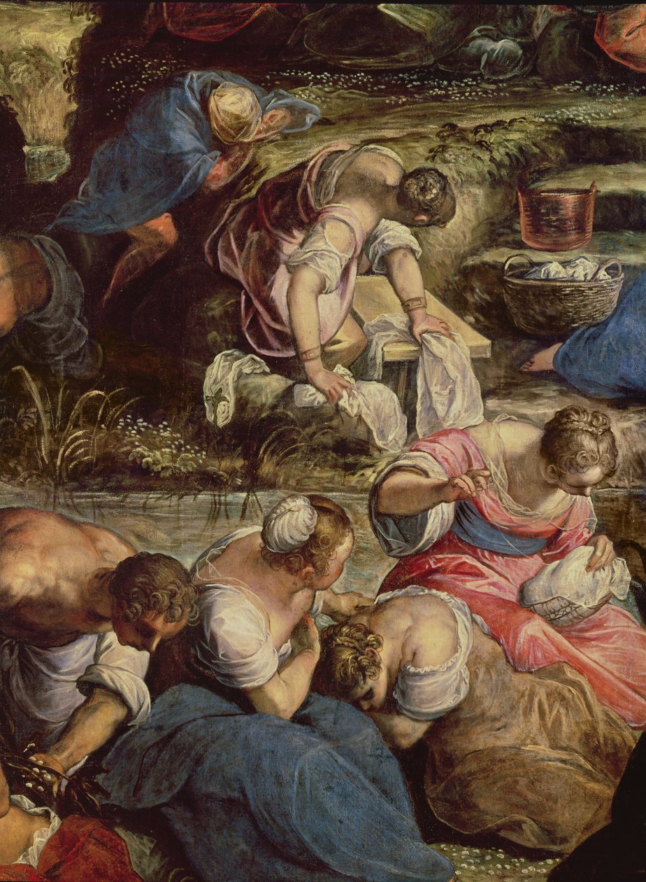 Manna Buluşması, merkezi detay: dikiş diken kadın by Jacopo Robusti Tintoretto