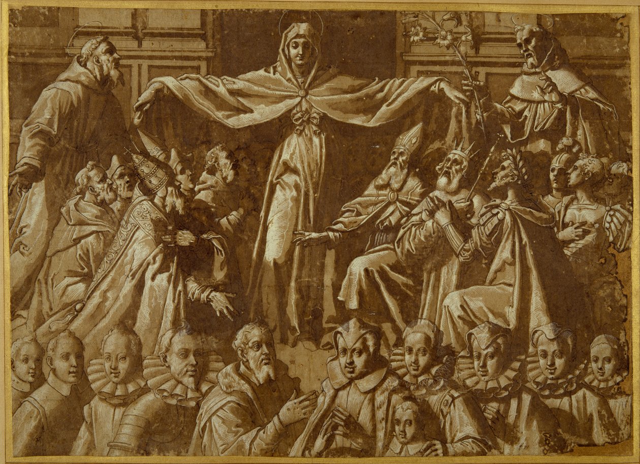 Sts ile Madonna della Misericordia. Francis ve Dominic, diğer azizler ve yöneticiler ve bir bağışçı ailesi ile (kağıt üzerinde yıkama ve beyaz gövde rengine sahip kalem ve kahverengi mürekkep) by Jacopo Zucchi