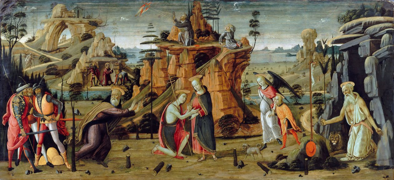 İncil sahneleri ve azizlerin efsaneleri ile manzara by Jacopo del Sellaio