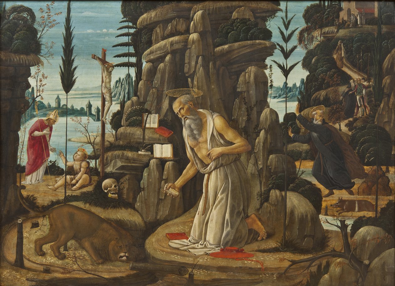 Aziz Jerome tövbekar - Tövbekar Aziz Jerome, Jacopo del Sellaio (1442-1493). Ahşap üzerine yağ. Ebat : 66,5x91,5 cm. Ulusal Müze Stockholm by Jacopo del Sellaio
