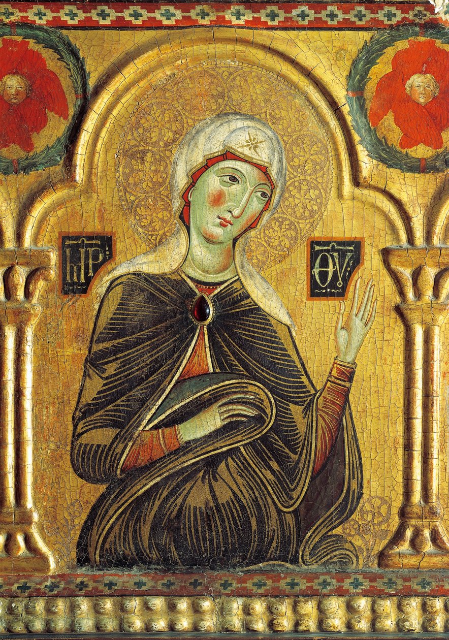 Meryem figürü, Madonna ve üç Aziz ile Kurtarıcı, Meliore Toscano veya Meliore di Jacopo (1255-1285 dolaylarında), panel üzerinde tempera ve altın, 85x210 cm by Jacopo di Meliore