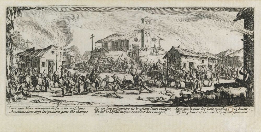 Bir köyün yağmalanması ve yakılması Les miseres et les mal-heures de la guerre, pl. 7 by Jacques Callot