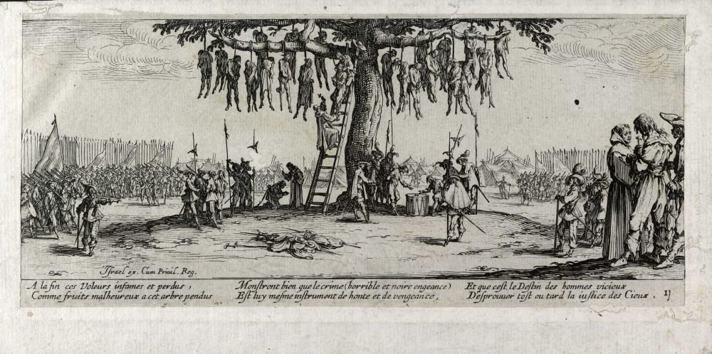 Darağacı işkencesi Les miseres et les mal-heures de la guerre, pl. 11 by Jacques Callot