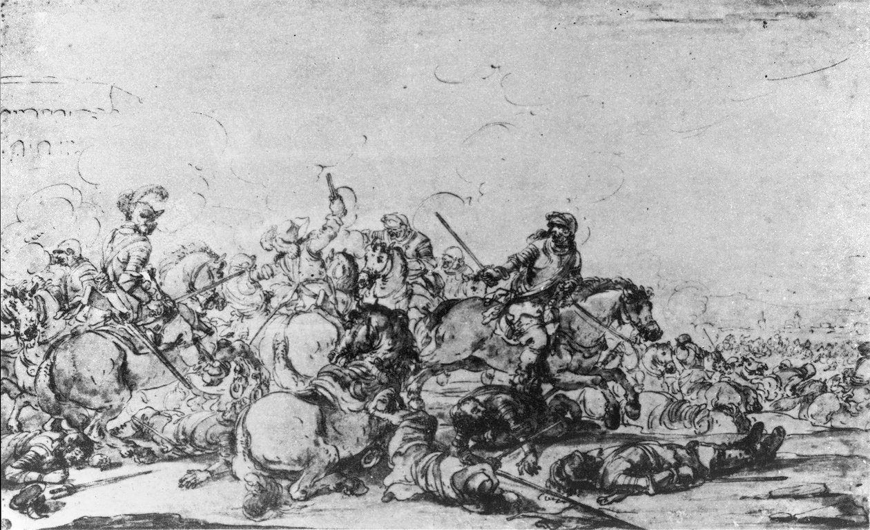 Bir Süvari Savaşı (kağıt üzerine tebeşir, kalem ve mürekkep) by Jacques Courtois