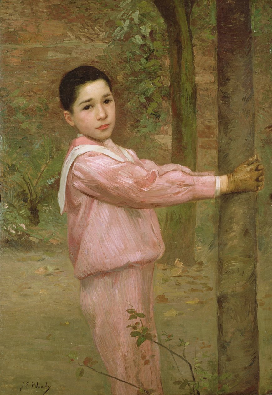 Pembe denizci kıyafeti giymiş bir çocuğun portresi by Jacques Emile Blanche