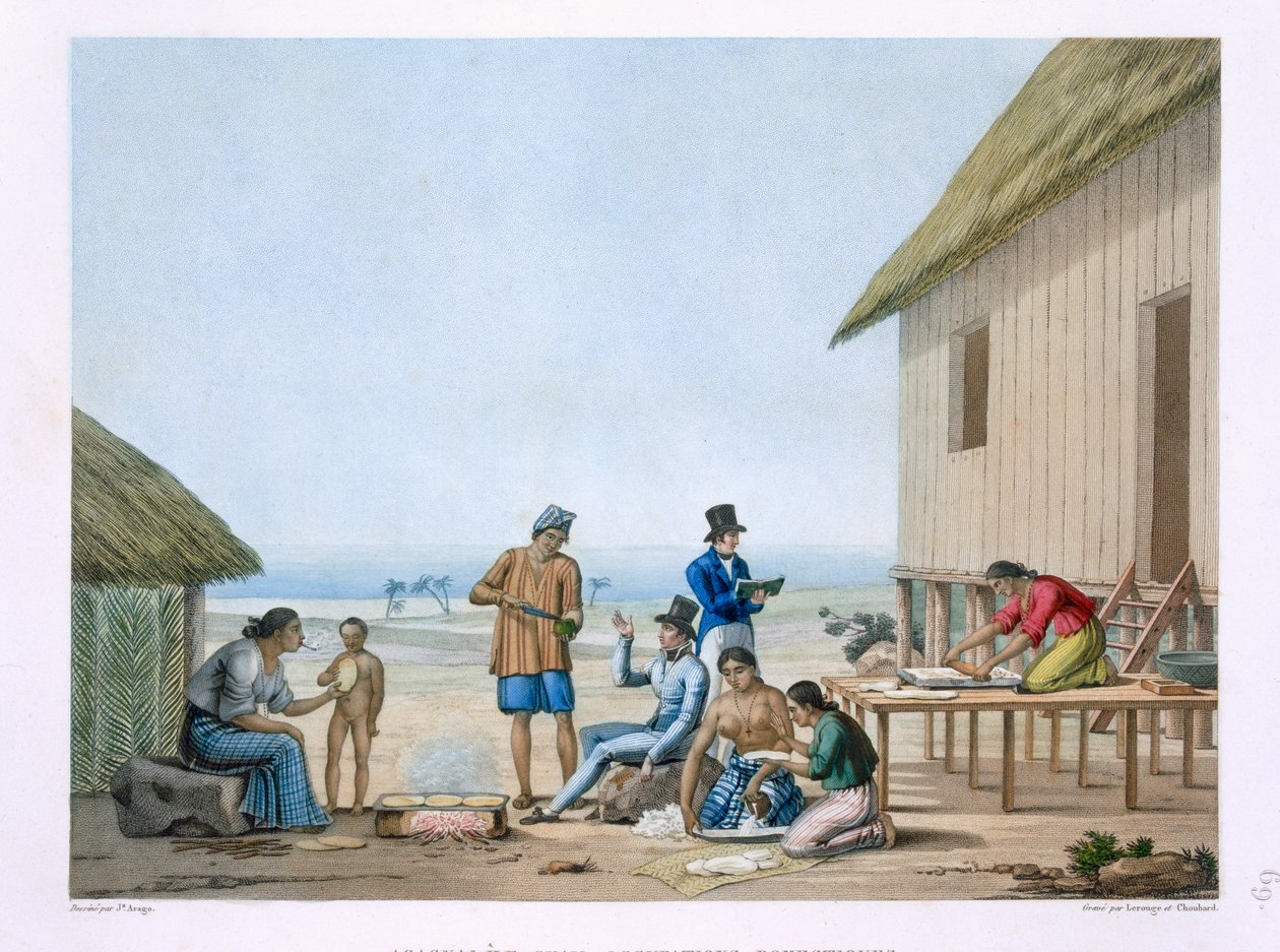 Ev içi meslekler, Agagna, Guam, Filipinler, Louis Claude Desaulses de Freycinet (1779-1842) tarafından 