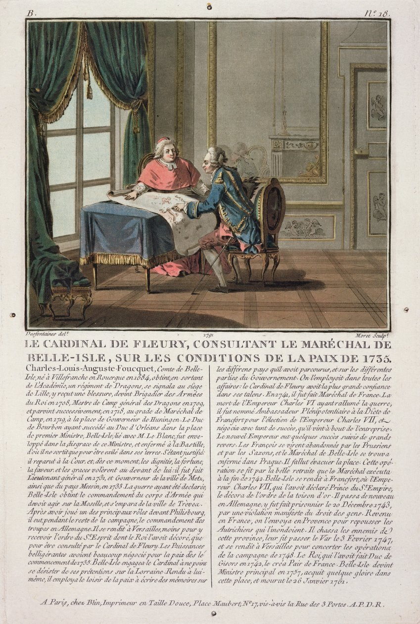 Kardinal de Fleury (1653-1743), Barış koşulları hakkında Marechal de Belle-Isle (1684-1761) ile istişare ediyor, 1735, Jean Baptiste Morret (fl.1790-1820), 1791 tarafından oyulmuş by Jacques Francois Joseph Swebach