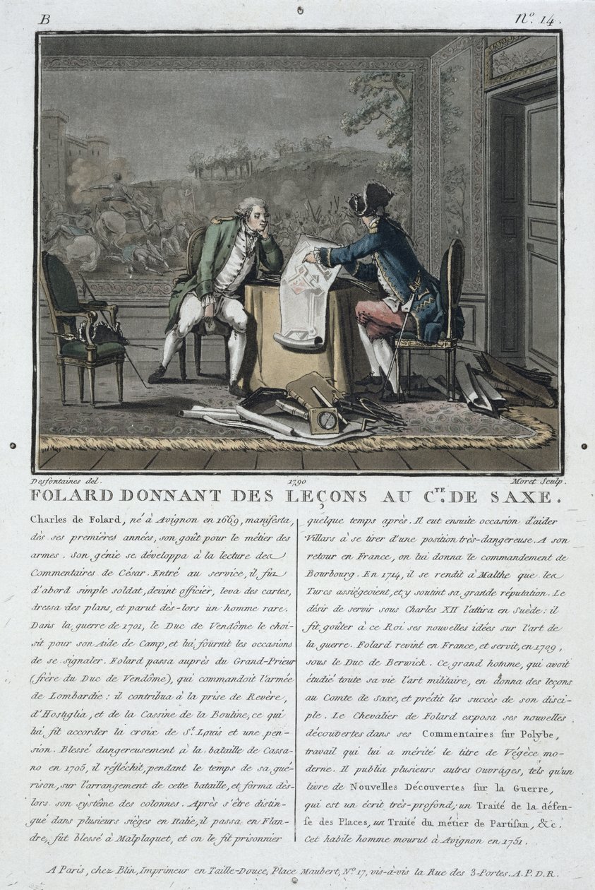 Charles, Chevalier de Folard (1699-1751), Jean Baptiste Morret (fl.1790-1820), 1790 tarafından oyulmuş Saksonya Kontu'na (1696-1750) talimat veriyor by Jacques Francois Joseph Swebach
