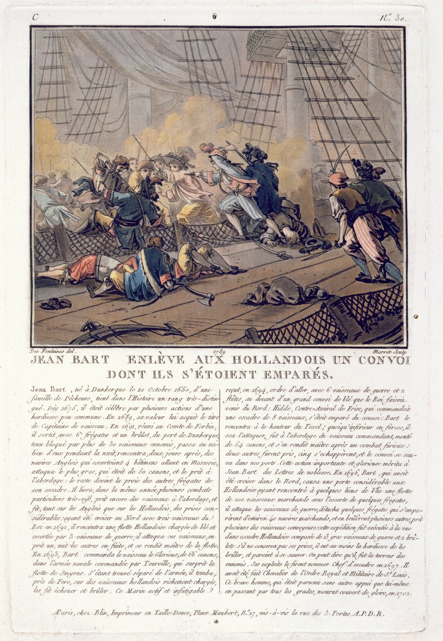 Jean Bart (1651-1702), Fransız deniz komutanı Hollanda konvoyunu alıyor, 1696, Jean Baptiste Morret (fl.1790-1820), 1789 tarafından oyulmuş by Jacques Francois Joseph Swebach