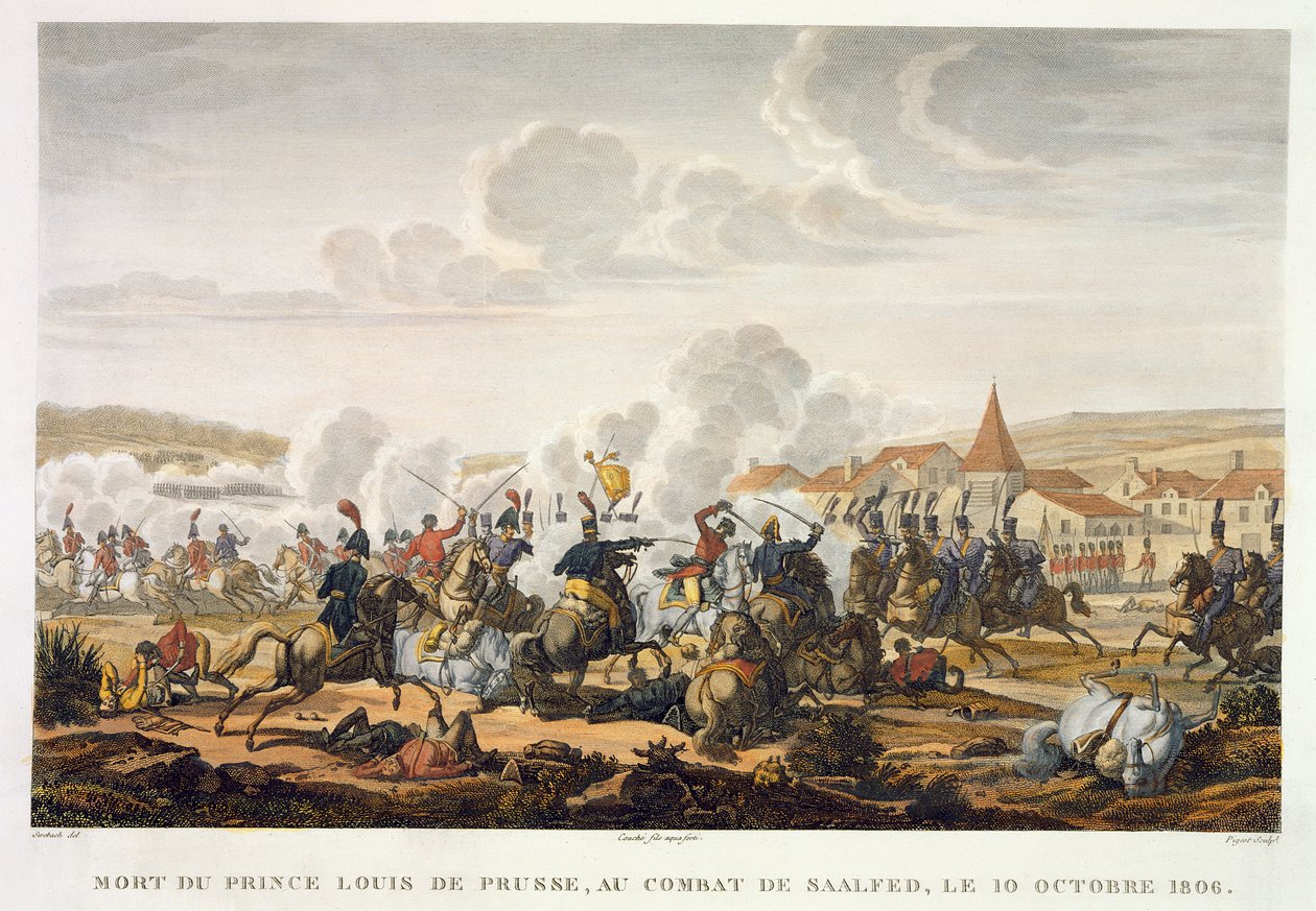Prusya Prensi Ludwig'in Saalfed Savaşı'nda Ölümü, 10 Ekim 1806, Louis Francois Couche (1782-1849) (aquatint) tarafından oyulmuş by Jacques Francois Joseph Swebach