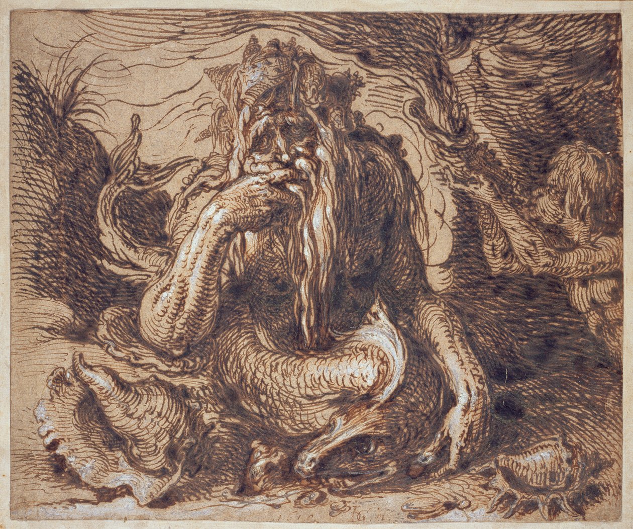 Neptün, 1610 (kağıt üzerine guaj uygulanmış kalem ve mürekkep) by Jacques II de Gheyn