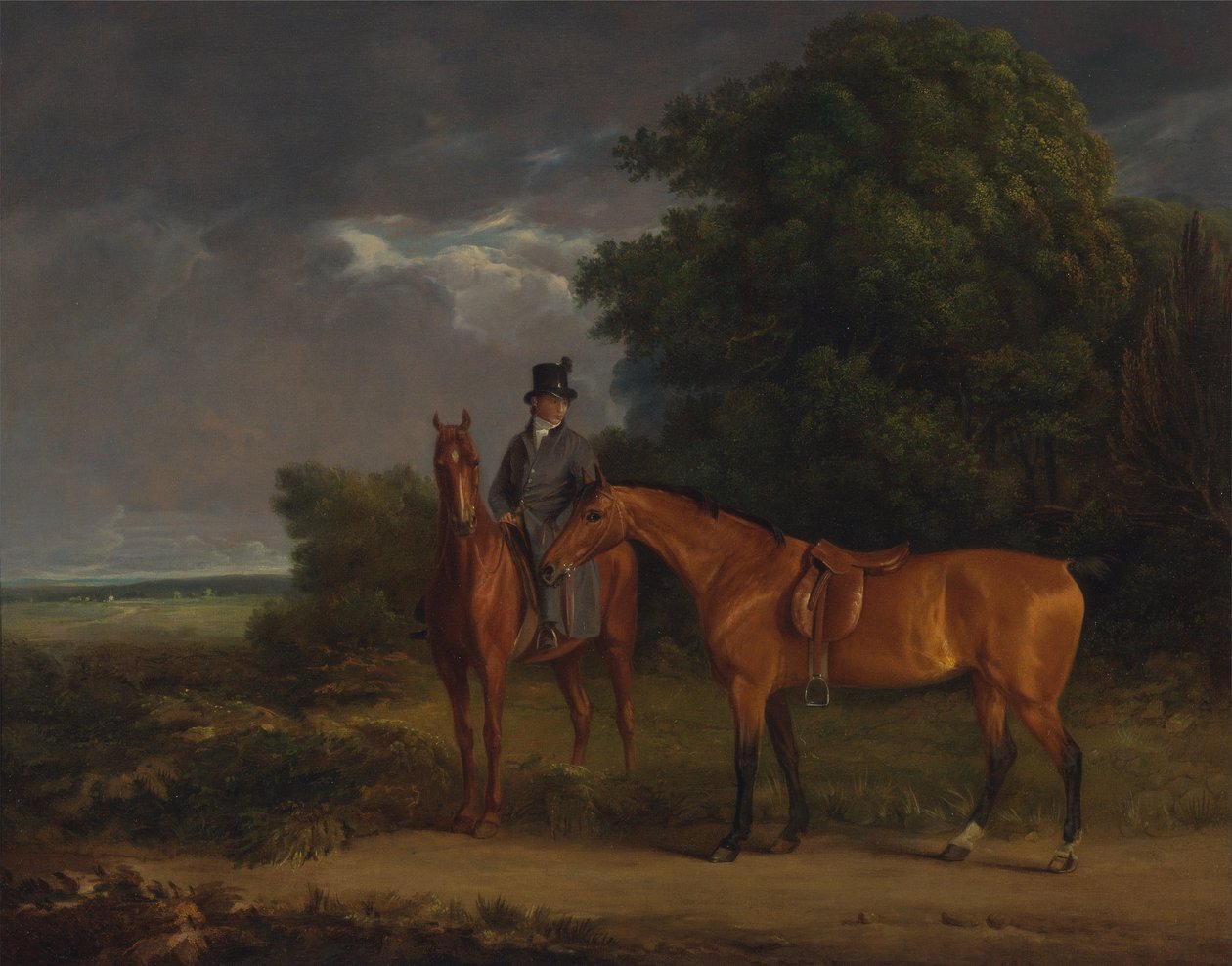 Kestane Avcısına Binmiş Bir Damat, Bir Körfez Avcısını Dizginlerinden Tutuyor by Jacques Laurent Agasse