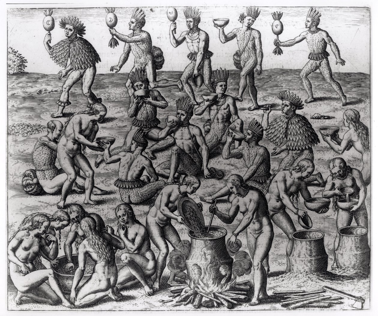 Theodore de Bry (1528-98) tarafından oyulmuş Maniok Kökü Hazırlayan Hintli Kadınlar, 