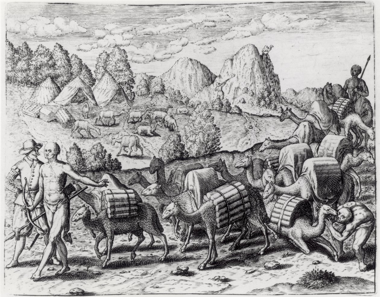 Pack Train of Llamas Laden with Silver from Potosi Mines of Peru, engraved by Theodore de Bry (1528-98), from 