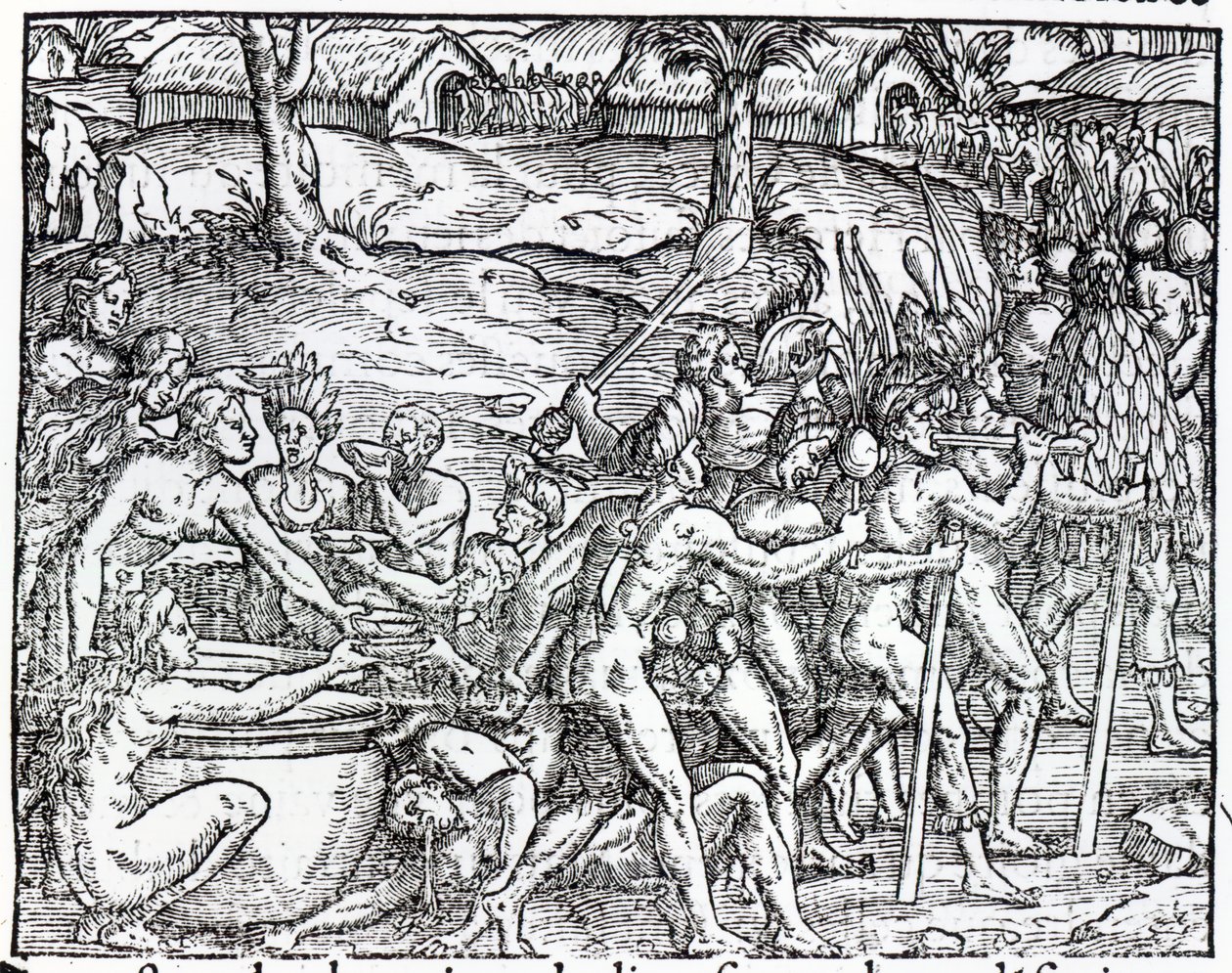 Theodor de Bry (1525-75) tarafından oyulmuş içki ve sigara içen yerlilerin alayı by Jacques Le Moyne