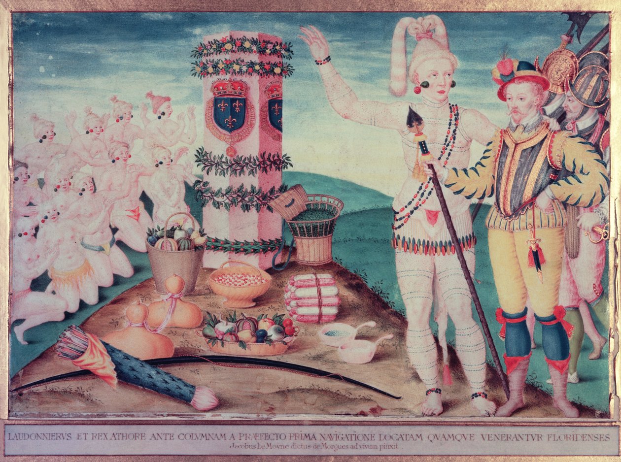 Rene Goulaine de Laudonniere (c.1529-82) ve Chief Athore Ribault Sütunu önünde, c.1570 by Jacques Le Moyne