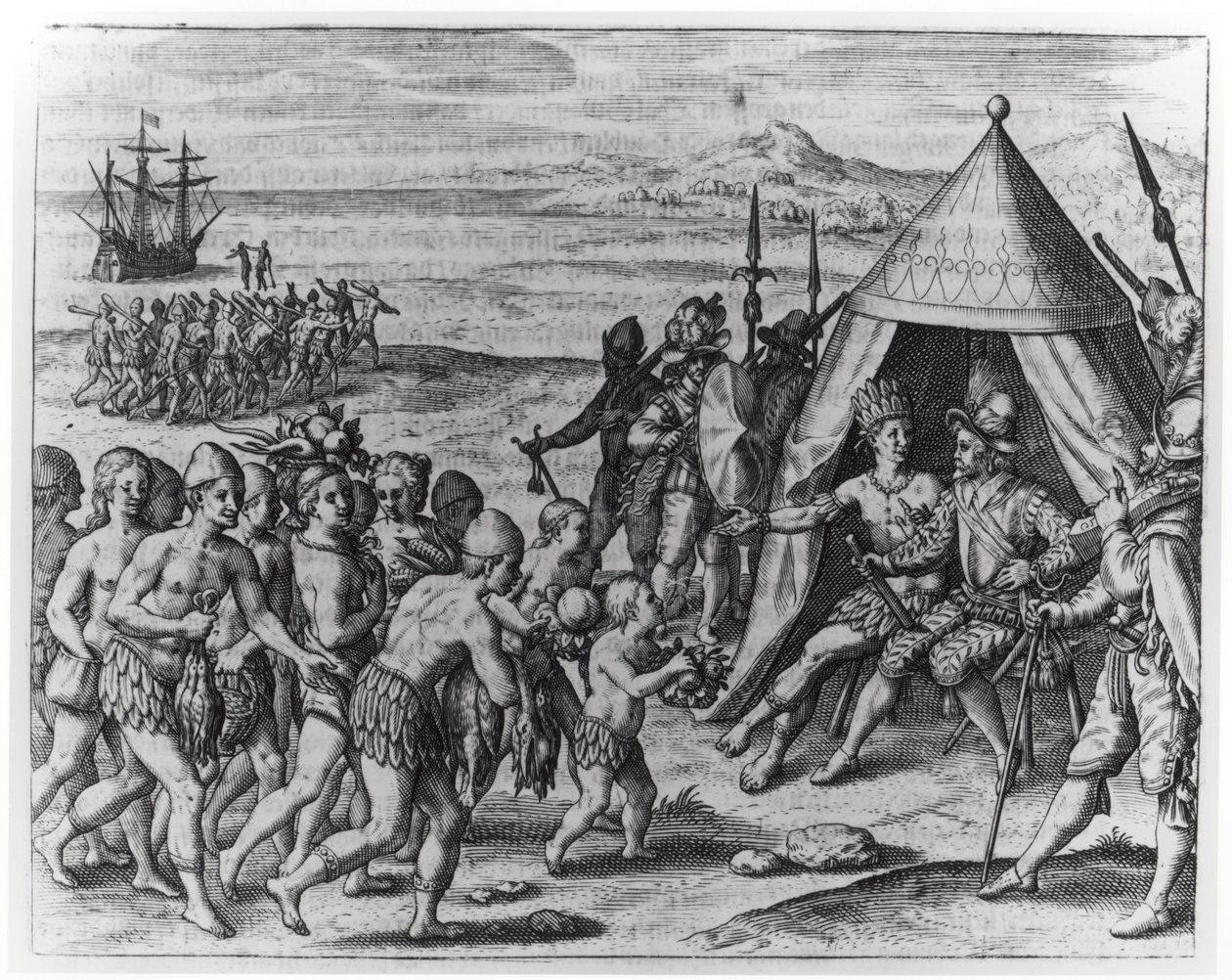 Sir Walter Raleigh (1554-1618) trying to establish friendship with King Arromaia of Guiana, from 