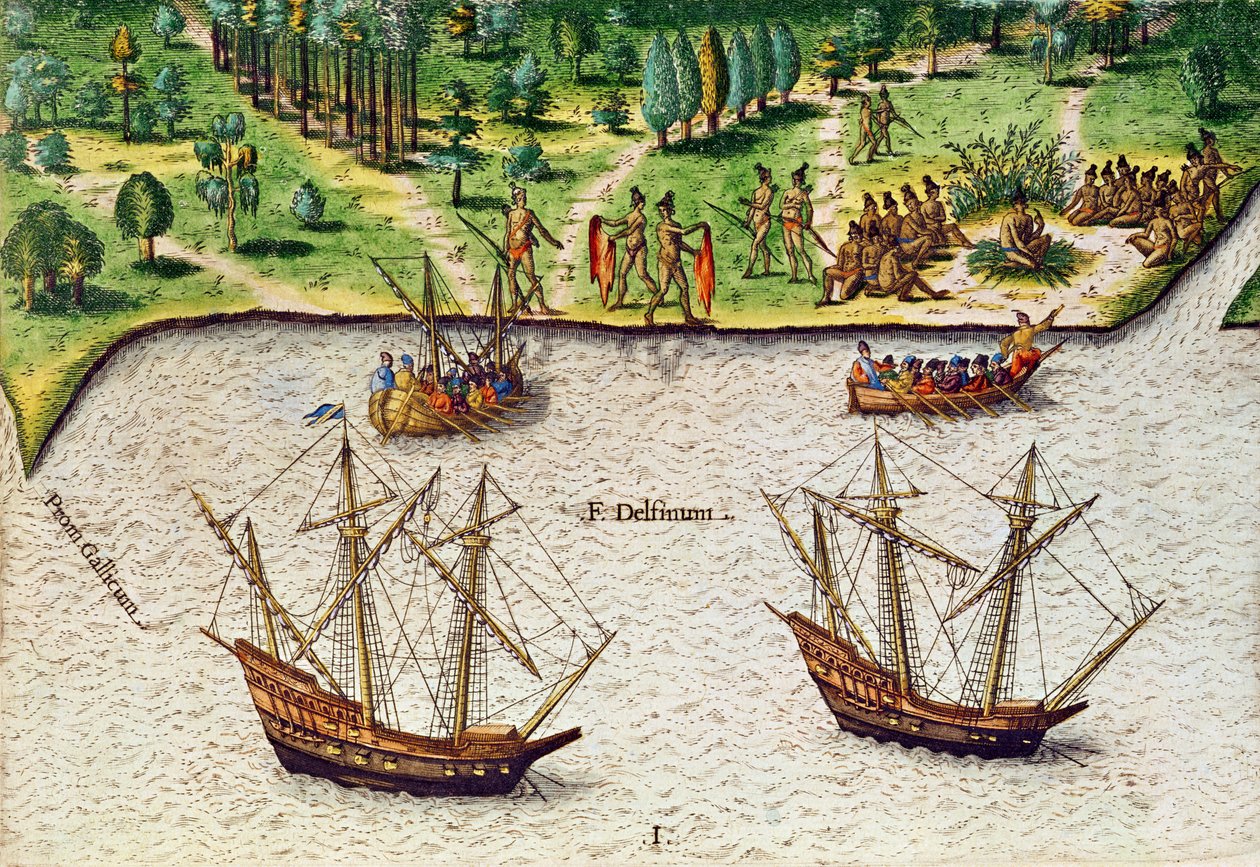 Florida Burnu (Gallicum) ve Yunus Nehri (Fleuve Delphinium), Theodore de Bry (1528-98) 1563 tarafından oyulmuş 