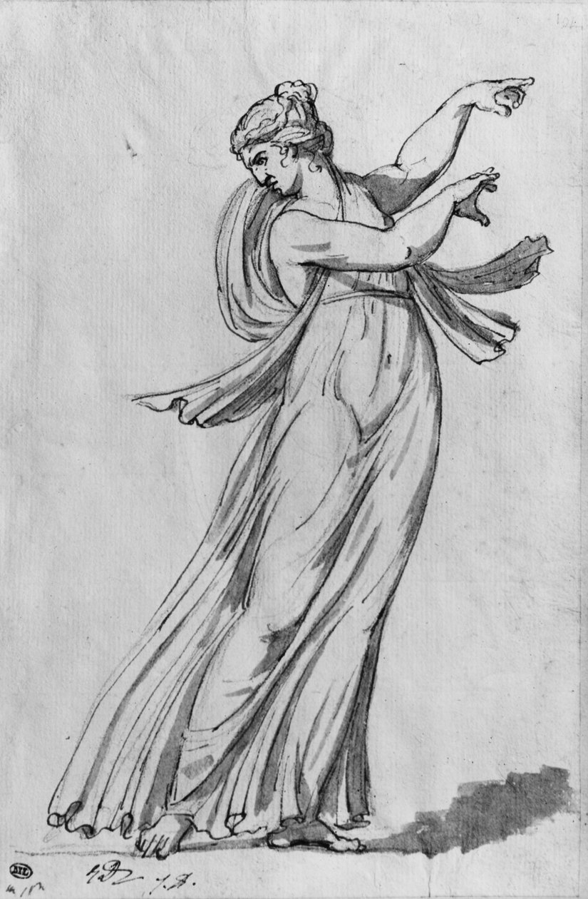 Bacchante (kalem ve siyah mürekkep ve kağıt üzerinde gri yıkama ve pierre noire) by Jacques Louis David