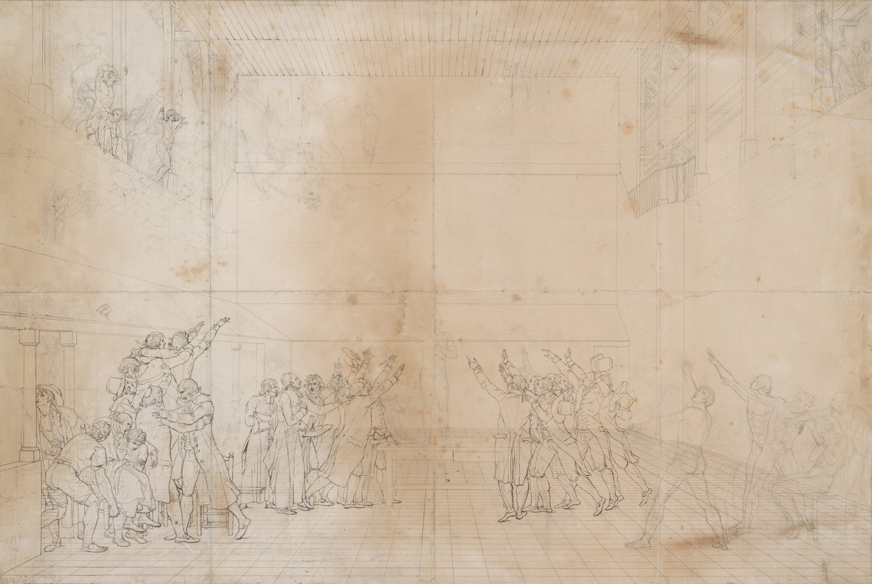 Study for The Oath of the Tennis Court, c.1790 (ink & graphite on paper) by Jacques Louis David
