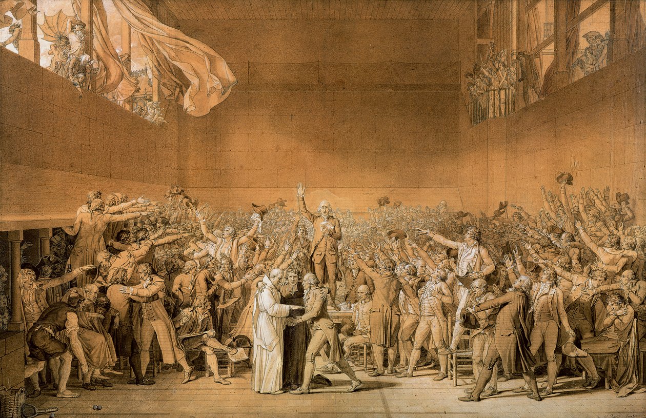 Tenis Kortu Yemini, 20 Haziran 1789, 1791 (kağıt üzerinde beyaz vurgularla bistre ile yıkanmış kalem) (ayrıca bkz. 14667) by Jacques Louis David