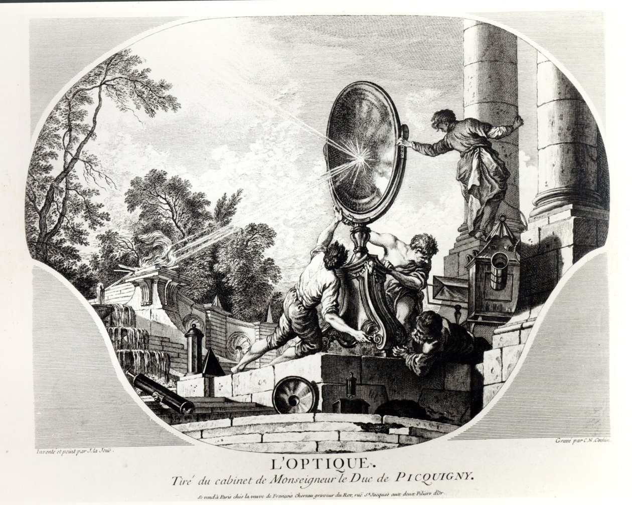 Yanan ayna, optik alegori, Charles Nicolas Cochin (1715-90) tarafından kazınmış by Jacques de Lajoüe