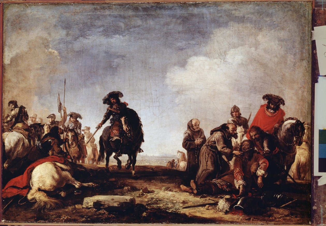 ""Savaştan sonra"" (Savaştan sonra) Bir grup keşiş onları kutsamak için yaralıların arasından geçer. Resim Jacques Courtois (1621-1696) 17. yüzyıl Hermitage Müzesi, Sankt Petersburg (Saint-Petersburg) by Jacques Courtois
