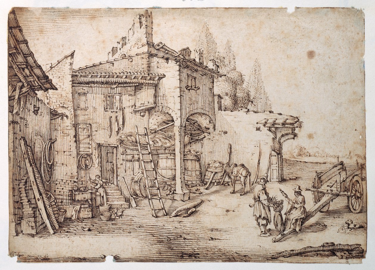Bir İtalyan çiftliği (beyaz kağıt üzerine kalem ve kahverengi mürekkep) by Jacques (after) Callot