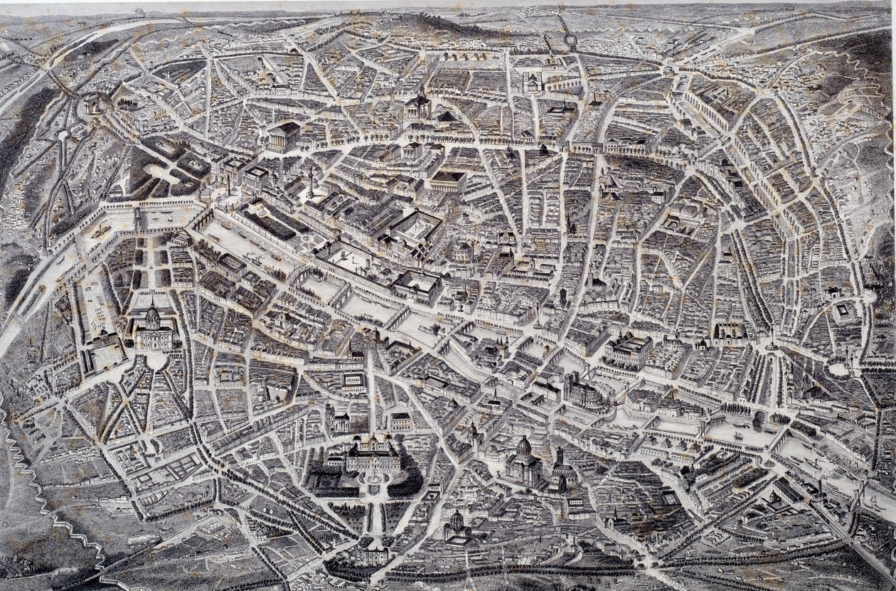 Kabartma Paris haritası ve çevresi ve surları ile bir kuş sineği. Gravür Jacques Alphonse Testard (1810-?) 19. yüzyıl Paris, Musee Carnavalet by Jacques Alphonse (after) Testard
