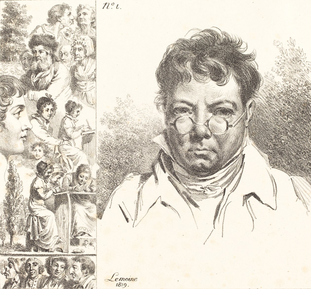 Self-Portrait and Other Heads, 1819 (lithograph) by Jacques Antoine Marie Lemoine