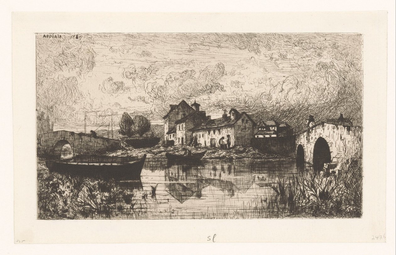 Sağda ve solda bir köprü ile su üzerinde bir köyün görünümü by Jacques Barthélemy Appian (Adolphe)