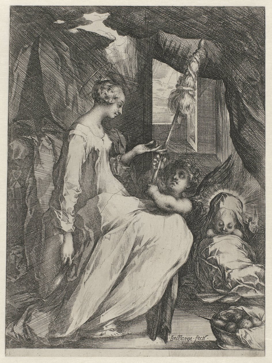 Meryem Ana, Mesih Çocuk ve Bir Melekle Dönüyor Meryem ve çocuklu bir melek ve asa tutan bir melek by Jacques Bellange
