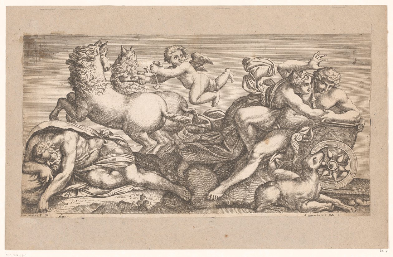Aurora tarafından arabasında çekilen Cephalus Roma'daki Palazzo Farnese'deki fresklerden sonra Mitolojik sahneler (dizi adı) by Jacques Belly