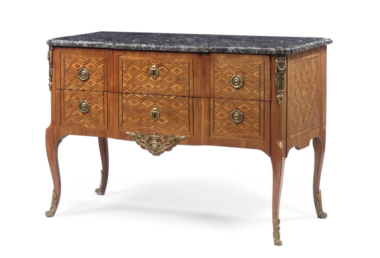 Geç Louis XV komodin, 18. yüzyılın üçüncü çeyreği (ormolu monte lale ağacı, amaranth, lekeli meyve ağacı, mermer ve parke) (ayrıca bkz. 714759) by Jacques Birckle