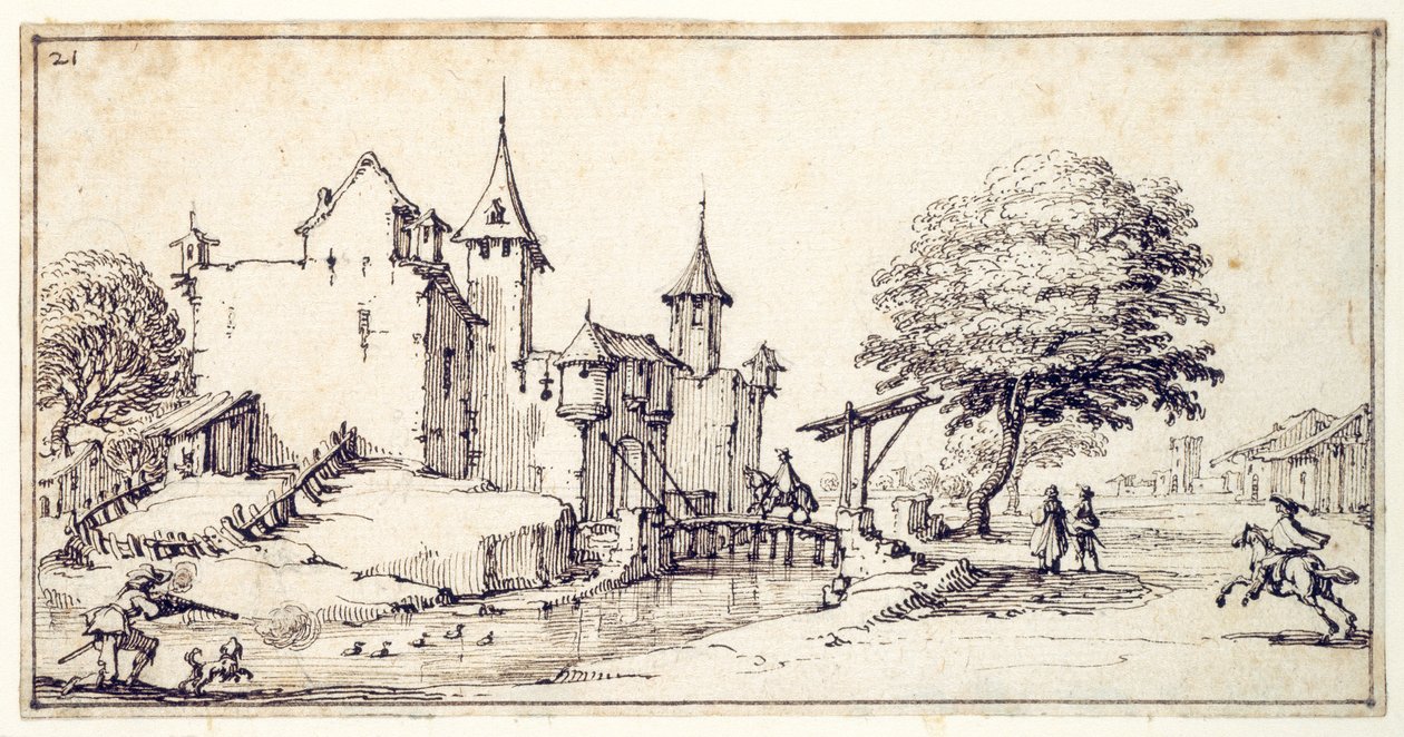 Asma köprülü bir şato (kağıt üzerinde kalem ve kahverengi mürekkep) by Jacques Callot