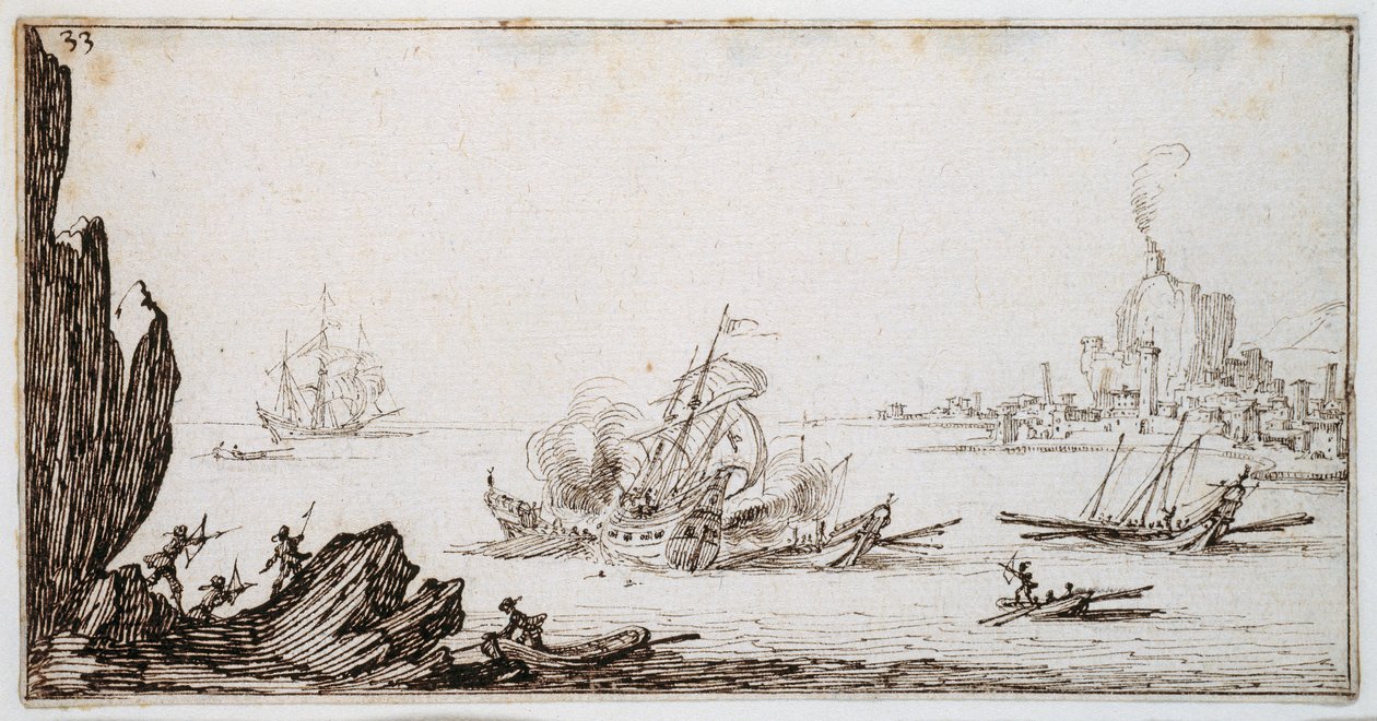 Limanın görüş alanı içinde yelkenli bir adam-savaş tarafından geminin ortasına çarpmış bir kadırga, c.1617 (kağıt üzerinde kalem ve kahverengi mürekkep) by Jacques Callot