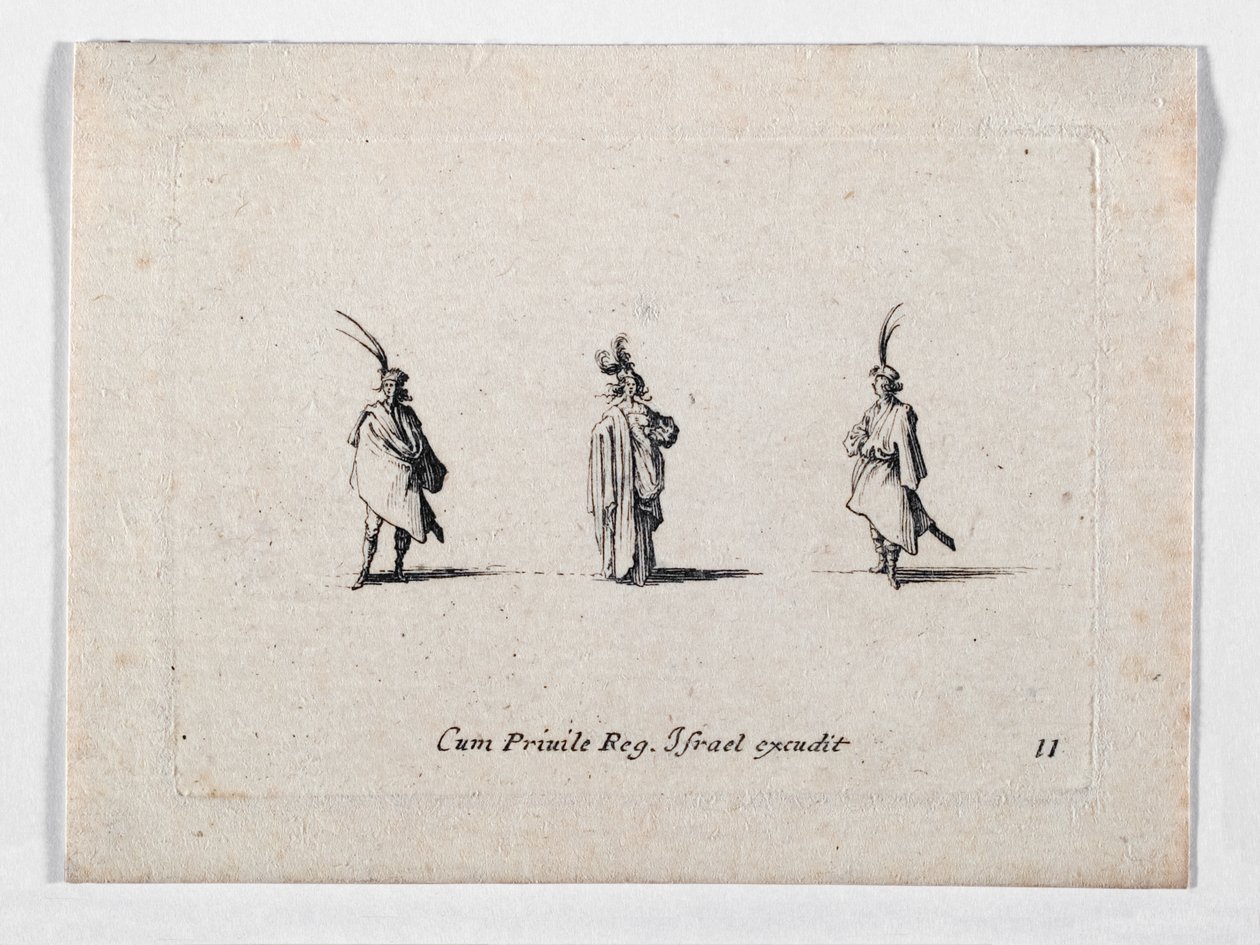 Uzun paltolu bir kadın ve iki süvari, ... (gravür) by Jacques Callot