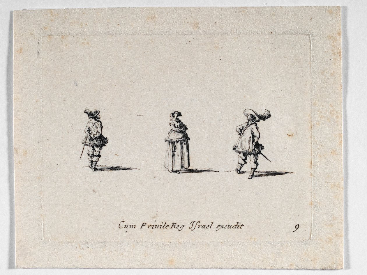 Kollarını kavuşturmuş bir kadın ve iki süvari, ... (gravür) by Jacques Callot