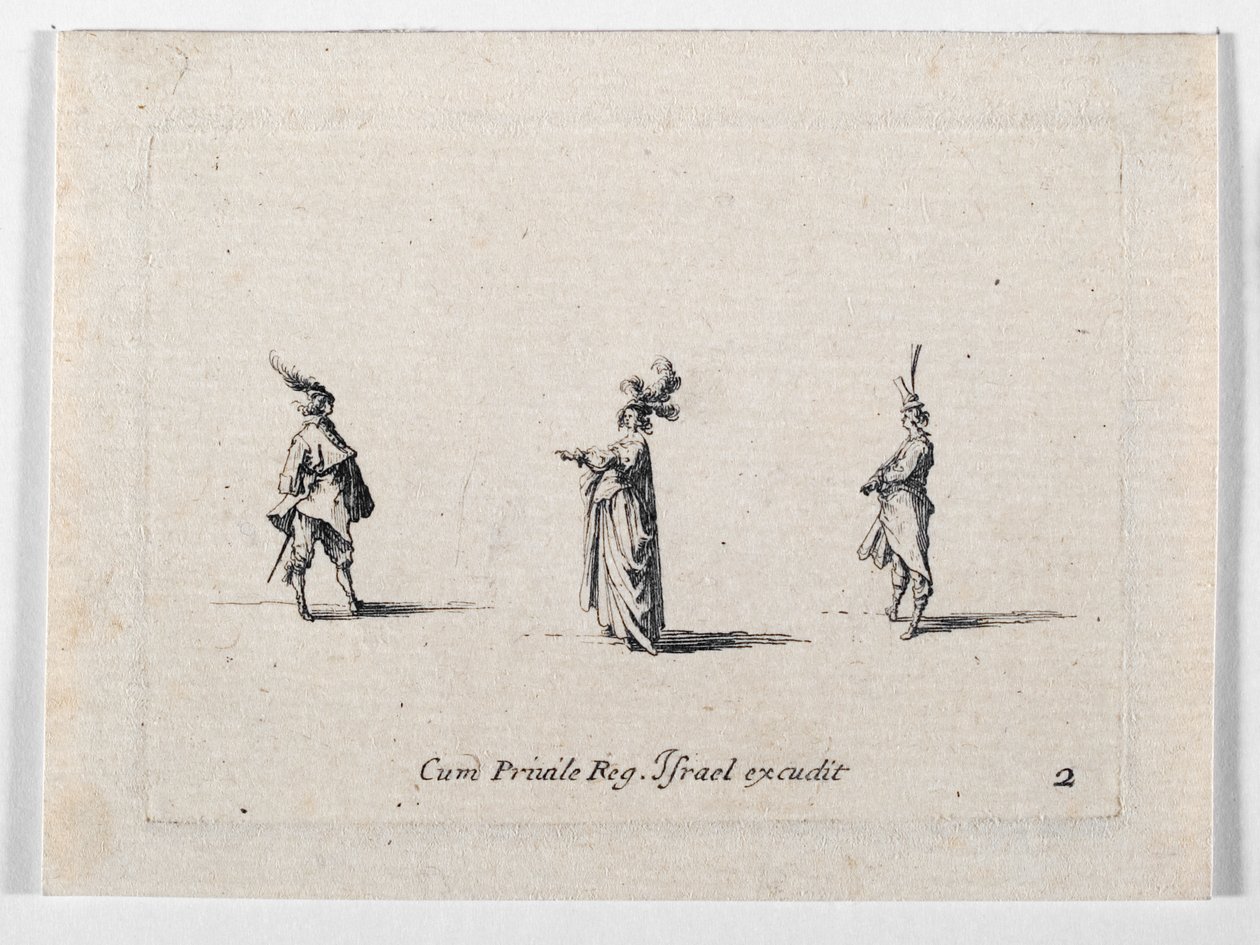Tüylü şapkalı bir kadın ve iki süvari, ... (gravür) by Jacques Callot