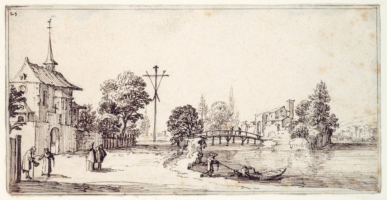 Nehir kıyısında bir yol (kağıt üzerinde kalem ve kahverengi mürekkep) by Jacques Callot