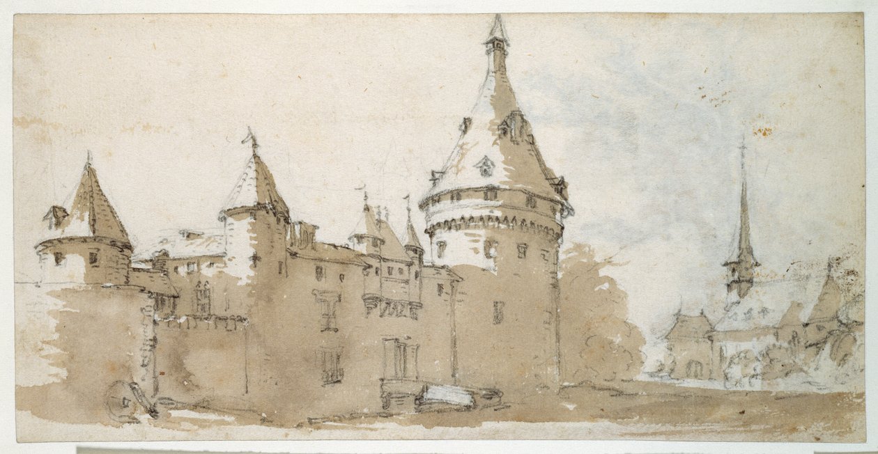 Kuleli bir şato ve bir kilise (kağıt üzerinde siyah tebeşir üzerine kahverengi ve gri yıkama) by Jacques Callot