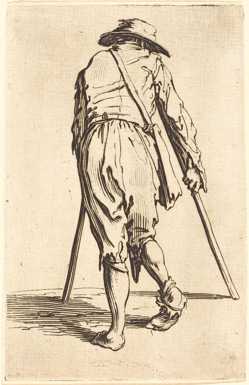 Koltuk değneği ve şapkalı dilenci, arkadan görünüm by Jacques Callot
