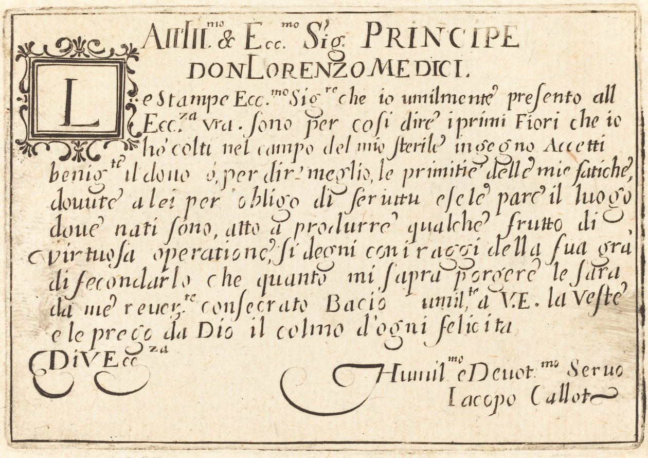 Don Lorenzo de' Medici'ye Adanmışlık by Jacques Callot